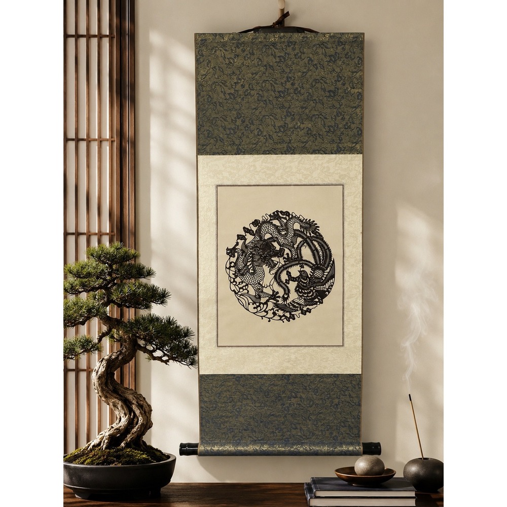 Vintage Chinese Wall Scroll Dragon and Phoenix Paper Cut Art Silk‎ Fabric Decor